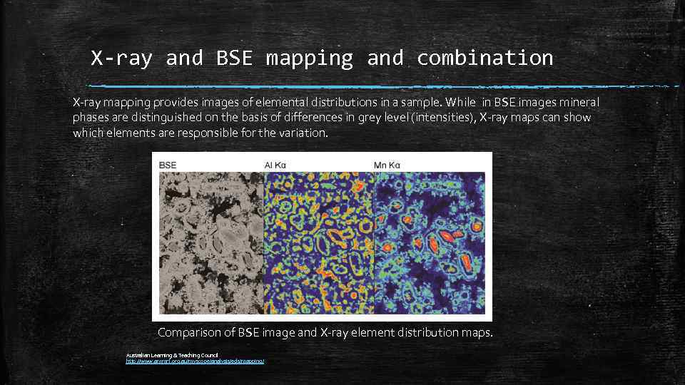 X-ray and BSE mapping and combination X-ray mapping provides images of elemental distributions in