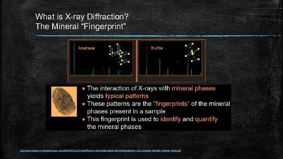 What is X-ray Diffraction? The Mineral “Fingerprint” http: //www. bruker. com/fileadmin/user_upload/8 -PDF-Docs/X-ray. Diffraction_Elemental. Analysis/XRD/Webinars/Bruker_AXS_Industrial_Minerals_Webinar_Slides.