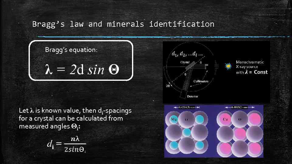 Bragg’s law and minerals identification Bragg’s equation: λ = 2 d sin Θ Let