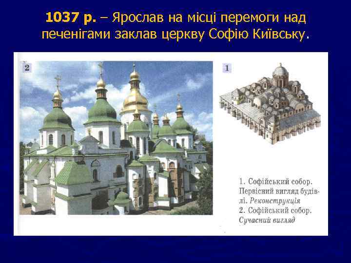 1037 р. – Ярослав на місці перемоги над печенігами заклав церкву Софію Київську. 