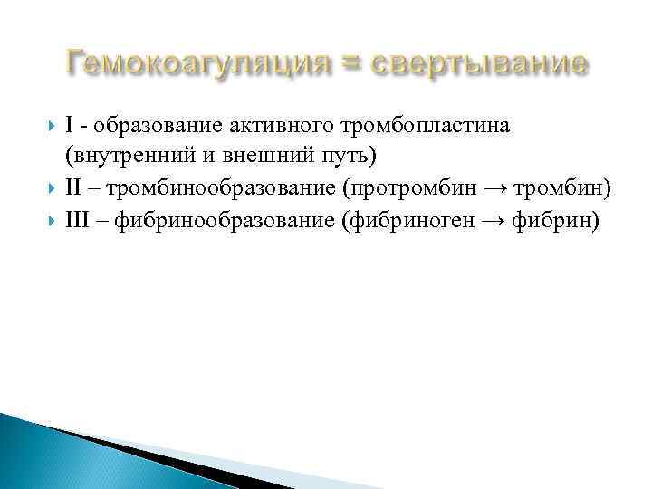  I - образование активного тромбопластина (внутренний и внешний путь) II – тромбинообразование (протромбин