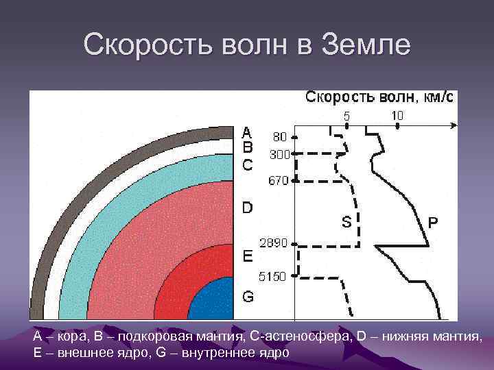 Скорость волн в Земле A – кора, B – подкоровая мантия, С-астеносфера, D –