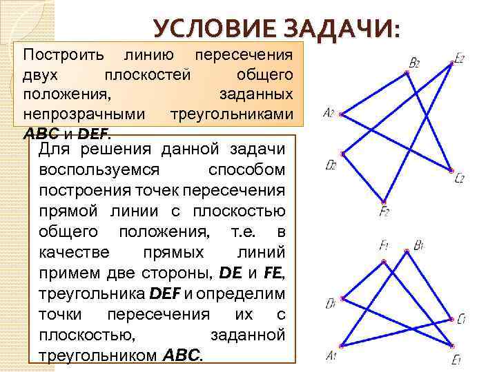УСЛОВИЕ ЗАДАЧИ: Построить линию пересечения двух плоскостей общего положения, заданных непрозрачными треугольниками АВС и