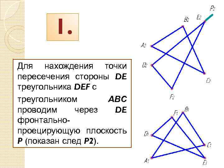 1. Для нахождения точки пересечения стороны DE треугольника DEF с треугольником АВС проводим через