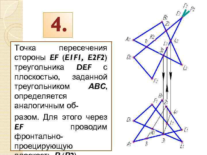 4. Точка пересечения стороны EF (E 1 F 1, E 2 F 2) треугольника