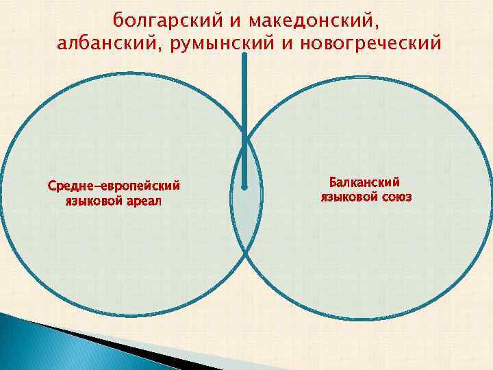 болгарский и македонский, албанский, румынский и новогреческий Средне-европейский языковой ареал Балканский языковой союз 