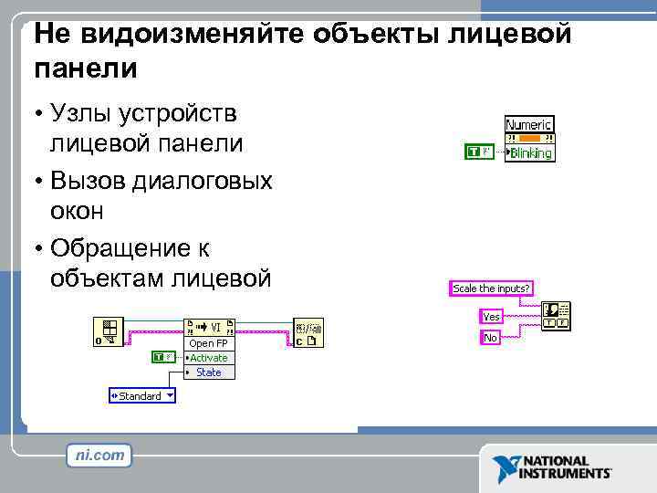 Не видоизменяйте объекты лицевой панели • Узлы устройств лицевой панели • Вызов диалоговых окон