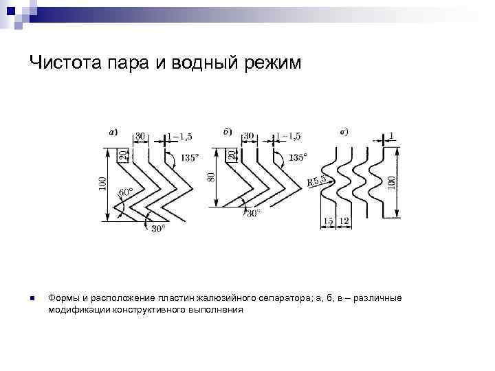 Чистота пара и водный режим n Формы и расположение пластин жалюзийного сепаратора; а, б,