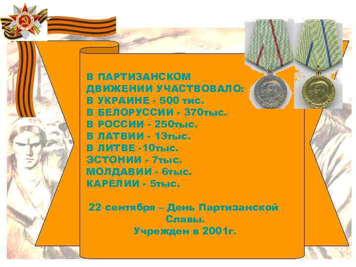 В ПАРТИЗАНСКОМ ДВИЖЕНИИ УЧАСТВОВАЛО: В УКРАИНЕ - 500 тис. В БЕЛОРУССИИ - 370 тыс.