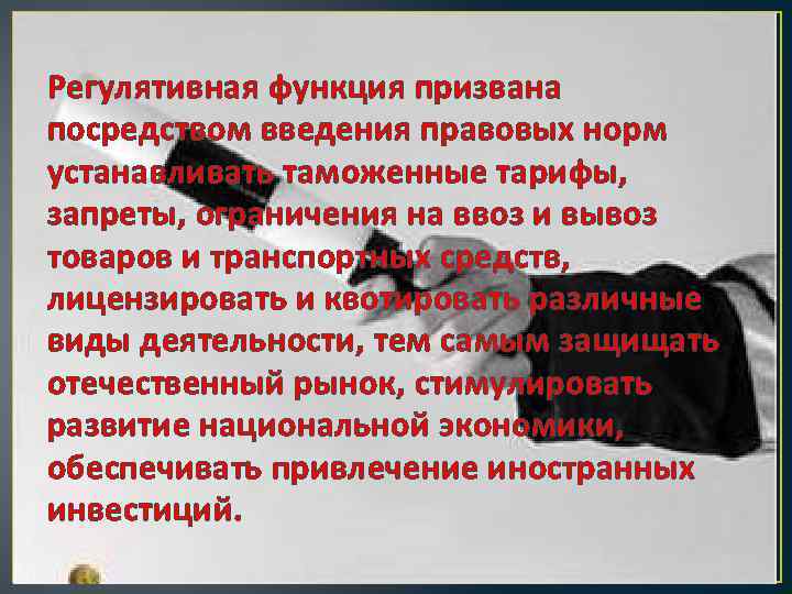 Регулятивная функция призвана посредством введения правовых норм устанавливать таможенные тарифы, запреты, ограничения на ввоз