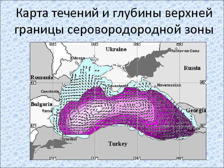 Карта течений и глубины верхней границы серовородной зоны 