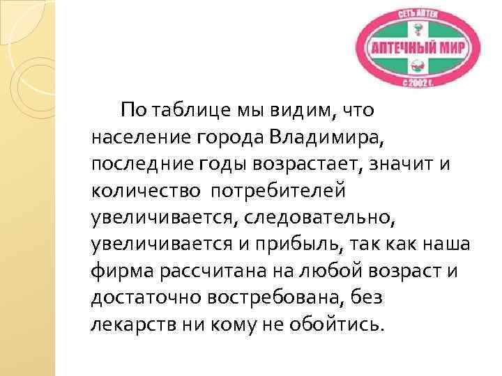 По таблице мы видим, что население города Владимира, последние годы возрастает, значит и количество