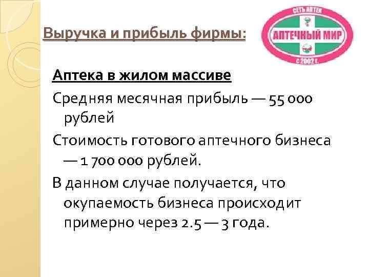 Выручка и прибыль фирмы: Аптека в жилом массиве Средняя месячная прибыль — 55 000
