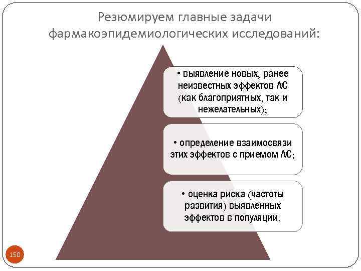 Резюмируем главные задачи фармакоэпидемиологических исследований: • выявление новых, ранее неизвестных эффектов ЛС (как благоприятных,