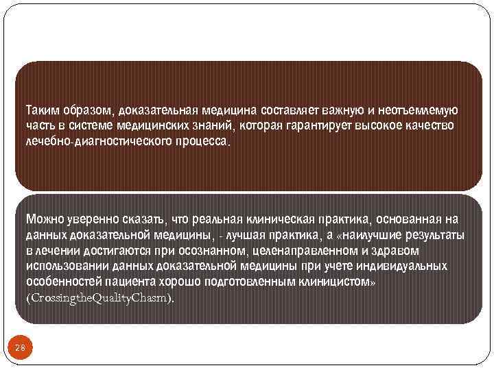 Таким образом, доказательная медицина составляет важную и неотъемлемую часть в системе медицинских знаний, которая