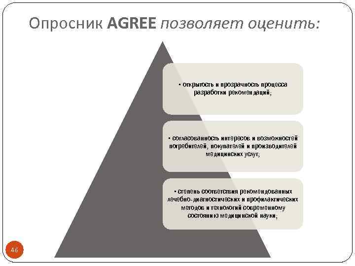 Опросник AGREE позволяет оценить: • открытость и прозрачность процесса разработки рекомендаций; • согласованность интересов