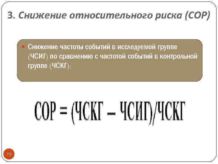 3. Снижение относительного риска (СОР) Снижение частоты событий в исследуемой группе (ЧСИГ) по сравнению