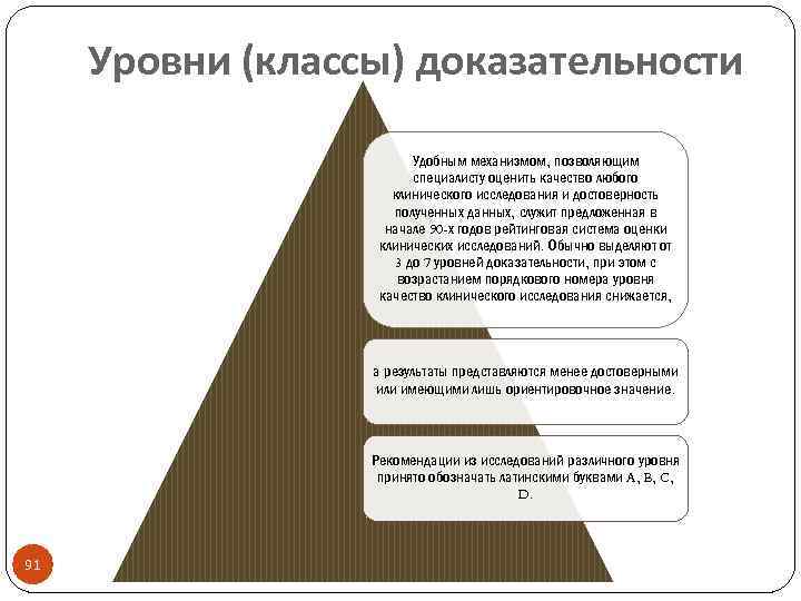 Уровни (классы) доказательности Удобным механизмом, позволяющим специалисту оценить качество любого клинического исследования и достоверность