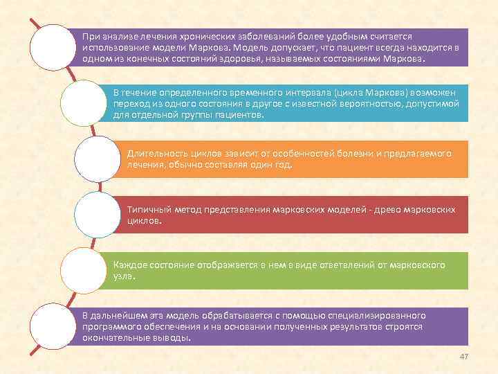 При анализе лечения хронических заболеваний более удобным считается использование модели Маркова. Модель допускает, что