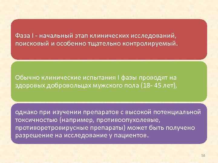 Фаза I начальный этап клинических исследований, поисковый и особенно тщательно контролируемый. Обычно клинические испытания