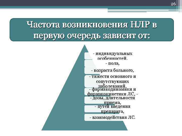 26 Частота возникновения НЛР в первую очередь зависит от: - индивидуальных особенностей, - пола,