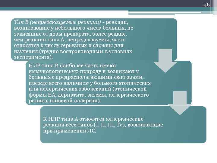 46 Тип В (непредсказуемые реакции) - реакции, возникающие у небольшого числа больных, не зависящие