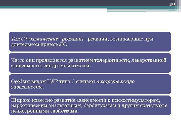 50 Тип С ( «химические» реакции) - реакции, возникающие при длительном приеме ЛС. Часто