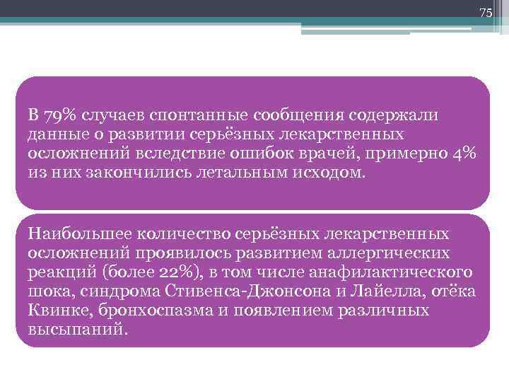 75 В 79% случаев спонтанные сообщения содержали данные о развитии серьёзных лекарственных осложнений вследствие