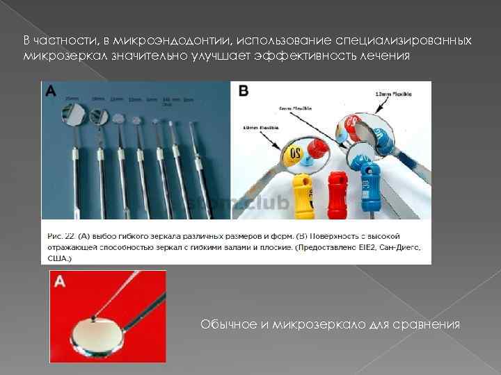 В частности, в микроэндодонтии, использование специализированных микрозеркал значительно улучшает эффективность лечения Обычное и микрозеркало