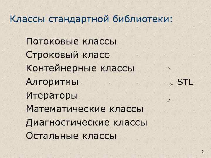 Классы стандартной библиотеки: Потоковые классы Строковый класс Контейнерные классы Алгоритмы Итераторы Математические классы Диагностические