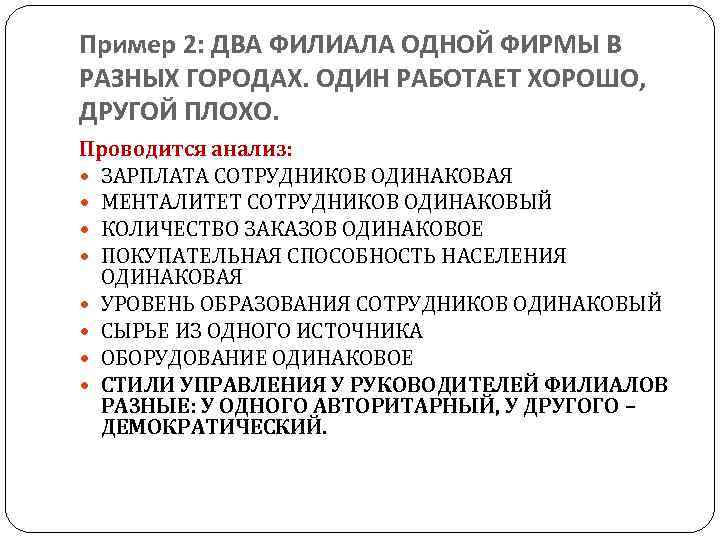 Пример 2: ДВА ФИЛИАЛА ОДНОЙ ФИРМЫ В РАЗНЫХ ГОРОДАХ. ОДИН РАБОТАЕТ ХОРОШО, ДРУГОЙ ПЛОХО.
