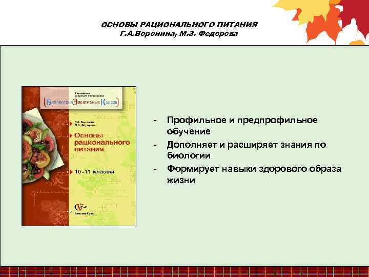 ОСНОВЫ РАЦИОНАЛЬНОГО ПИТАНИЯ Г. А. Воронина, М. З. Федорова - Профильное и предпрофильное обучение