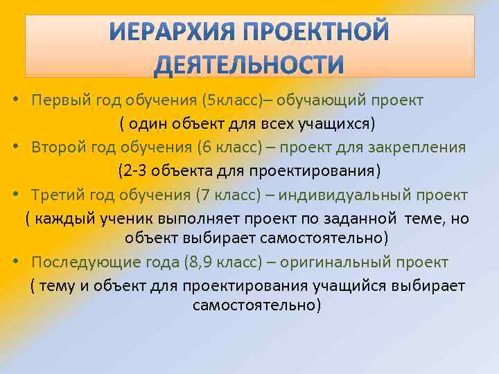  • Первый год обучения (5 класс)– обучающий проект ( один объект для всех