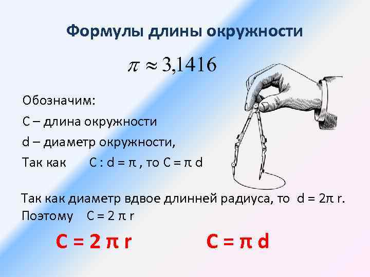 Формулы длины окружности Обозначим: С – длина окружности d – диаметр окружности, Так как
