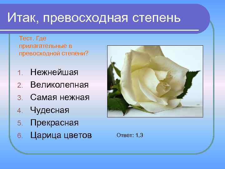Итак, превосходная степень Тест. Где прилагательные в превосходной степени? 1. 2. 3. 4. 5.