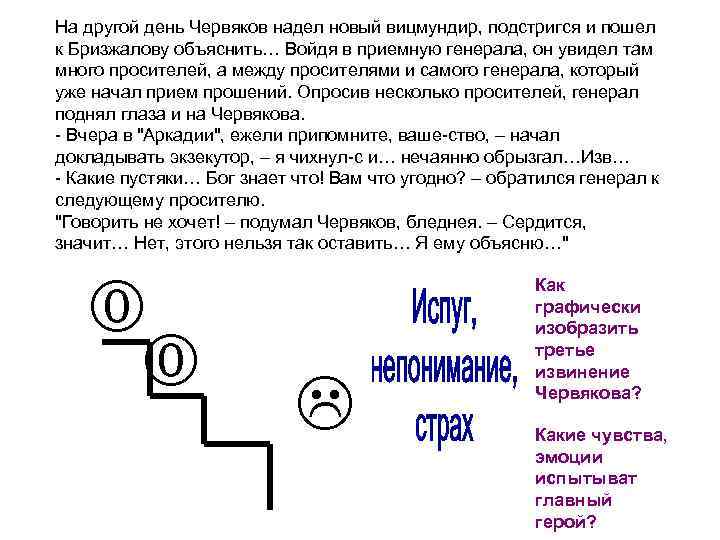 На другой день Червяков надел новый вицмундир, подстригся и пошел к Бризжалову объяснить… Войдя