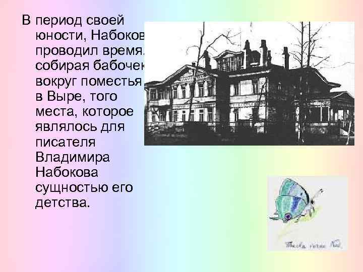 В период своей юности, Набоков проводил время, собирая бабочек вокруг поместья в Выре, того