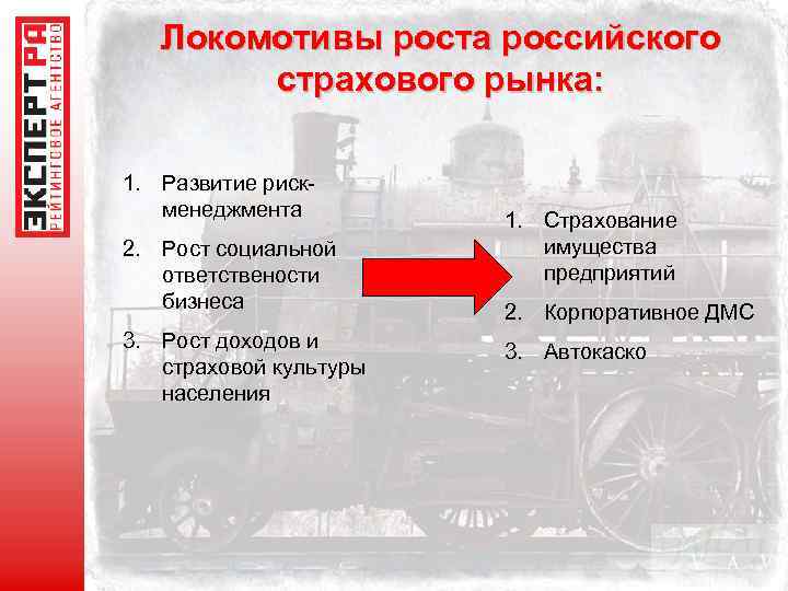 Локомотивы роста российского страхового рынка: 1. Развитие рискменеджмента 2. Рост социальной ответствености бизнеса 3.