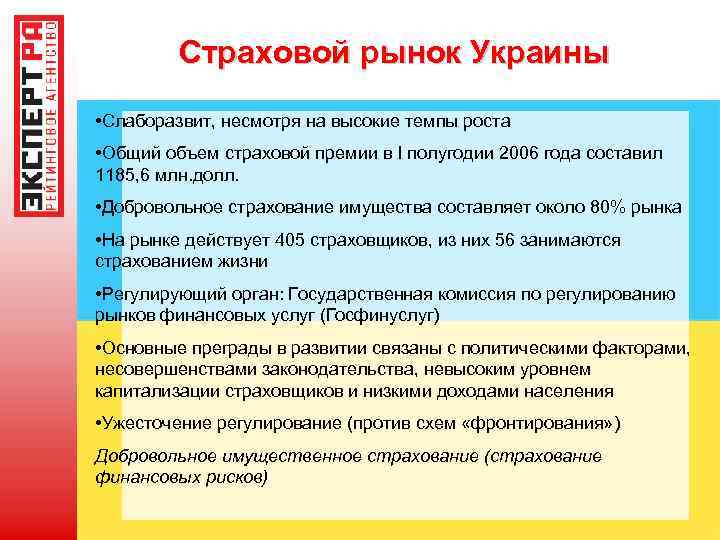 Страховой рынок Украины • Слаборазвит, несмотря на высокие темпы роста • Общий объем страховой