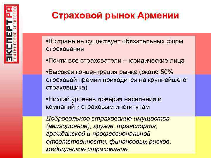 Страховой рынок Армении • В стране не существует обязательных форм страхования • Почти все