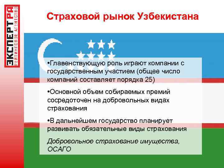 Страховой рынок Узбекистана • Главенствующую роль играют компании с государственным участием (общее число компаний