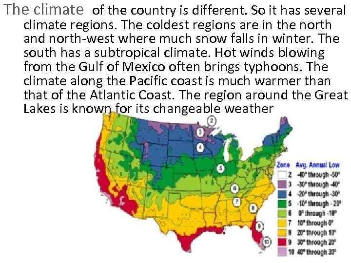 The climate of the country is different. So it has several climate regions. The