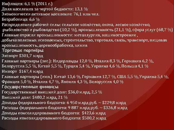 Инфляция: 6, 1 % (2011 г. ) Доля населения за чертой бедности: 13, 1