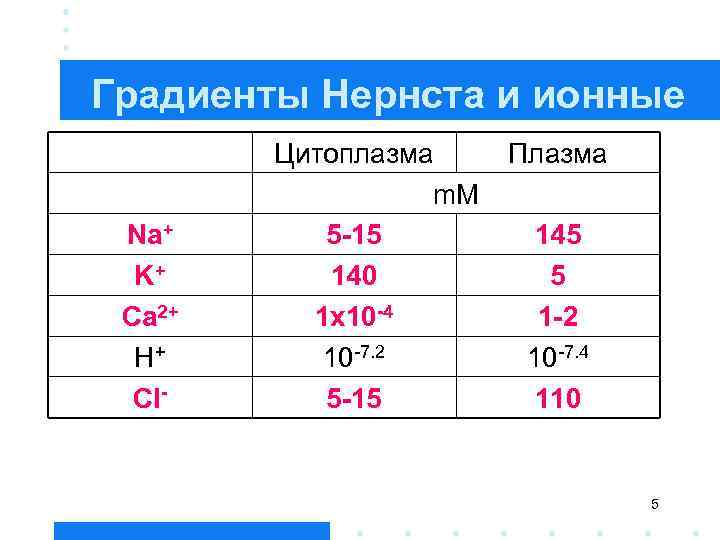 Градиенты Нернста и ионные Na+ K+ Ca 2+ H+ Cl- Цитоплазма m. M 5