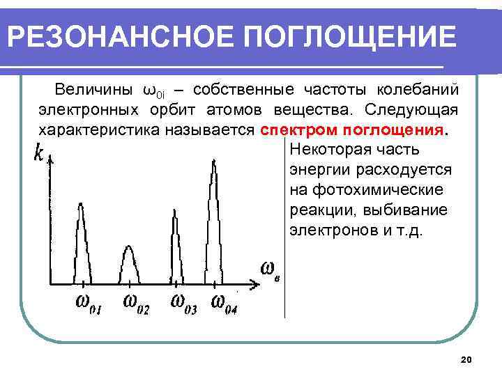 РЕЗОНАНСНОЕ ПОГЛОЩЕНИЕ Величины ω0 i – собственные частоты колебаний электронных орбит атомов вещества. Следующая