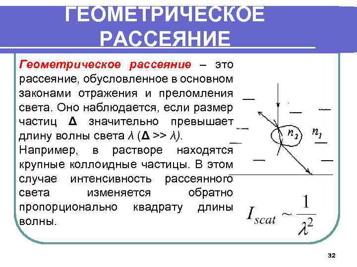 ГЕОМЕТРИЧЕСКОЕ РАССЕЯНИЕ Геометрическое рассеяние – это рассеяние, обусловленное в основном законами отражения и преломления