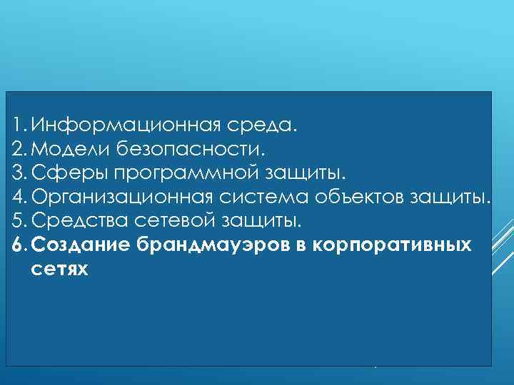 1. Информационная среда. 2. Модели безопасности. 3. Сферы программной защиты. 4. Организационная система объектов