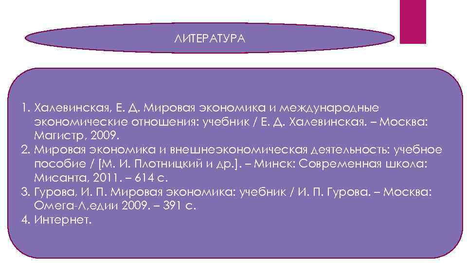 ЛИТЕРАТУРА 1. Халевинская, Е. Д. Мировая экономика и международные экономические отношения: учебник / Е.
