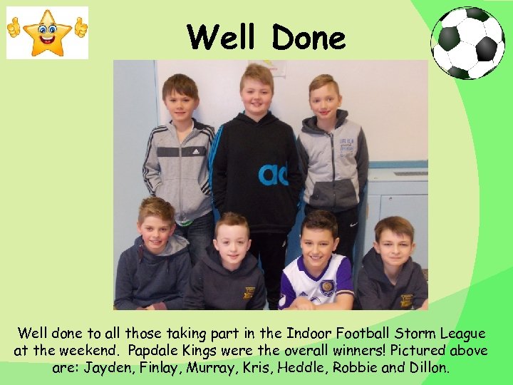 Well Done Well done to all those taking part in the Indoor Football Storm