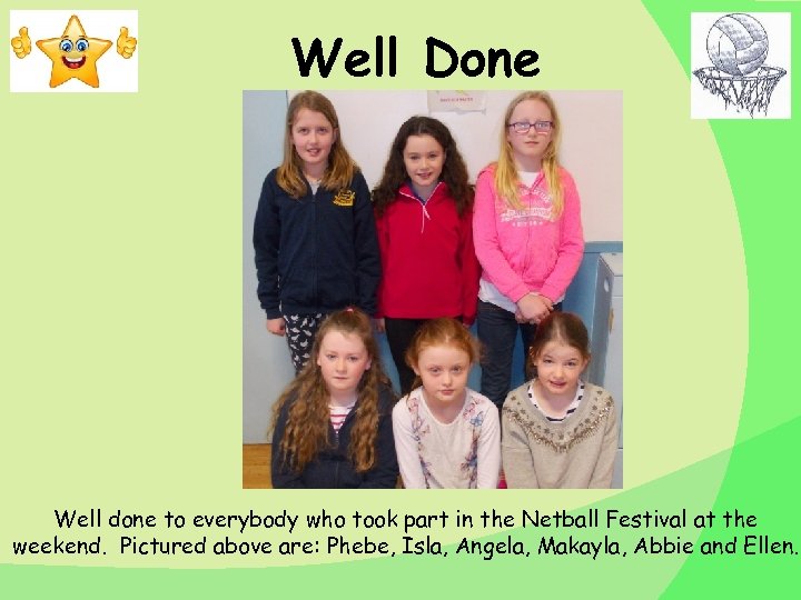 Well Done Well done to everybody who took part in the Netball Festival at